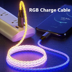 3 in 1 RGB USB Cable 66W 6A Fast Charging Charge Cable Type C PD 100W Corlorful Micro USB Glowing Cable for iPhone Huawei Xiaomi