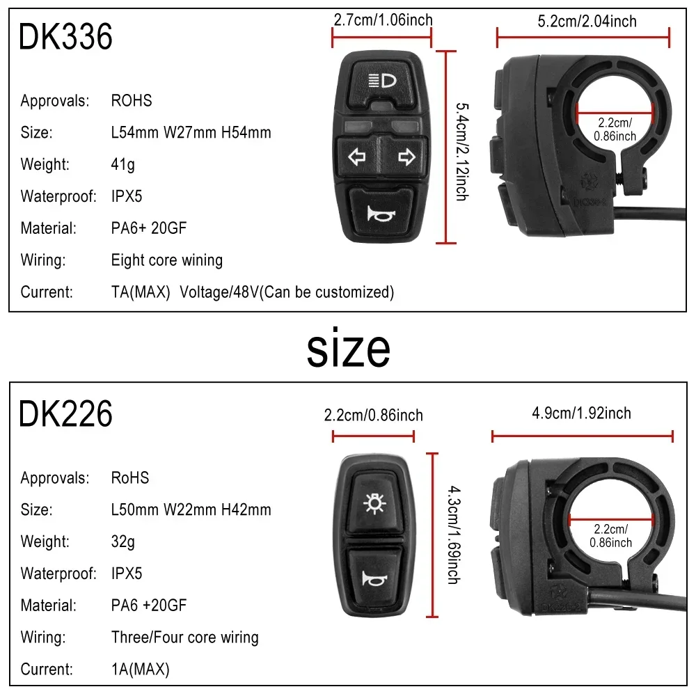 Переключатель указателя поворота DK226/DK336 Лампа для электрического велосипеда Ebike и звуковой сигнал для кнопки электронного скутера может управлять указателем поворота