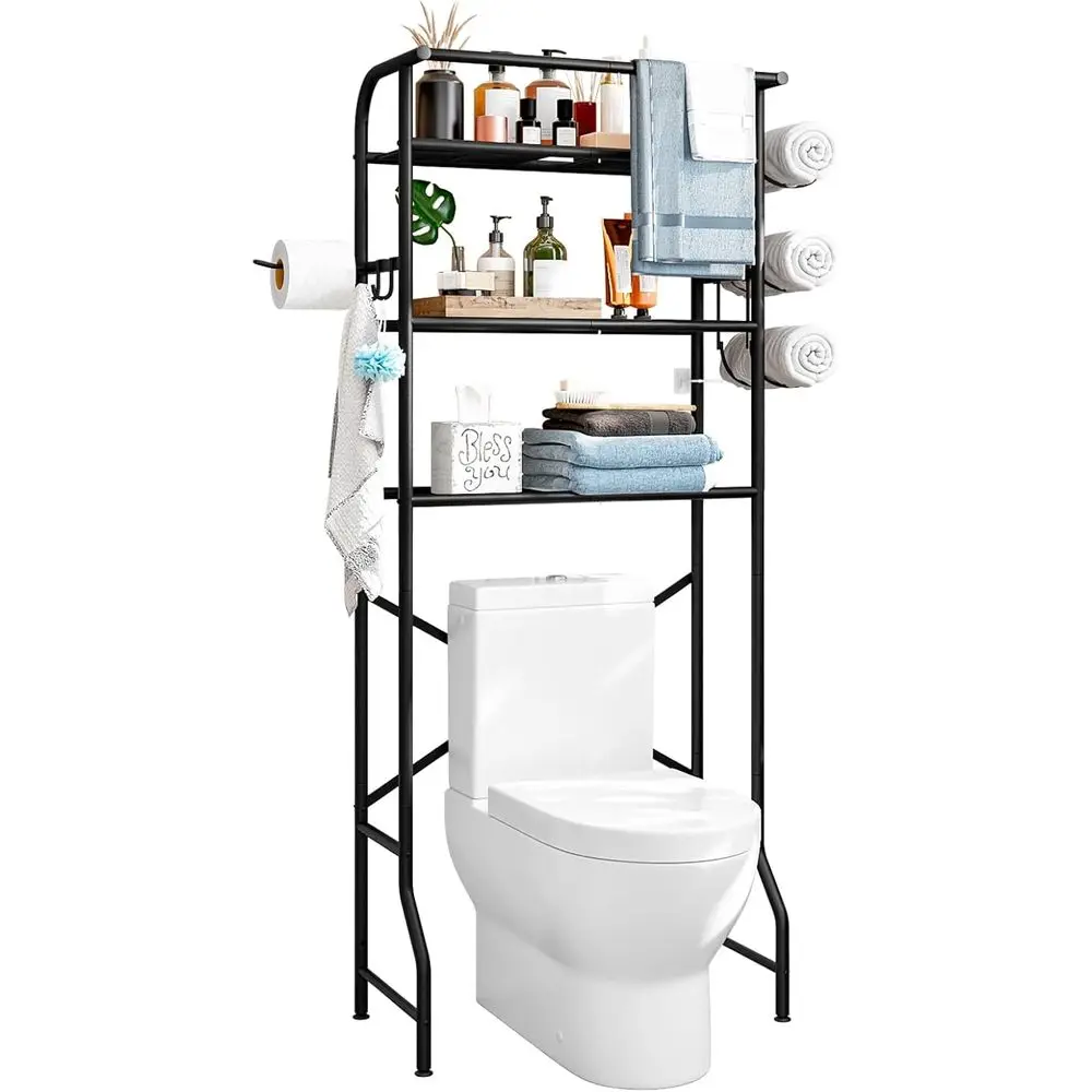 

3 Tier Bathroom Organizer Shel with Paper Holder Easy to Assemble & Space Saving (Black)