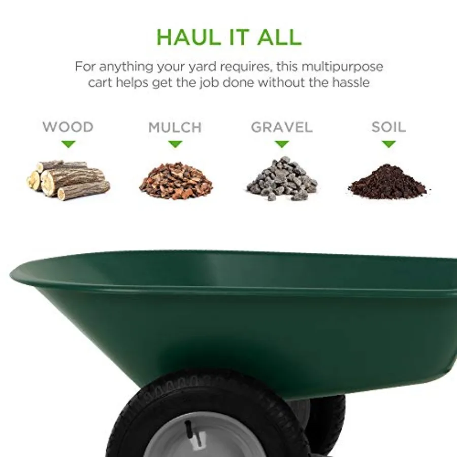 Dual-Wheel Home Utility Yard Wheelbarrow Garden Cart w/Built-in Stand for Lawn, Gardening, Construction - Green