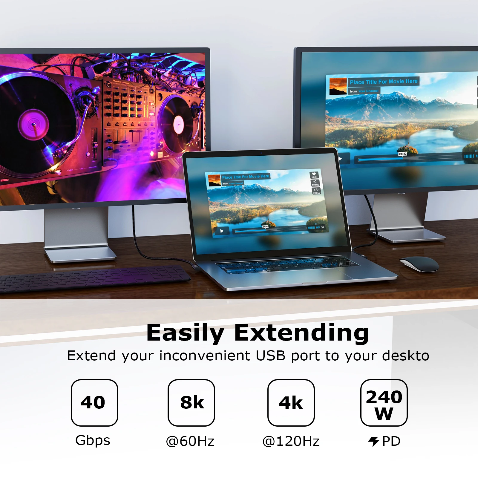 USB C 4 Extension Cable, with Thunderbolt 4 Cable, 240 W Charging Cable, 40 Gbps Data Cable, 8K @ 60Hz 4K, PD3.1, USB C Female C