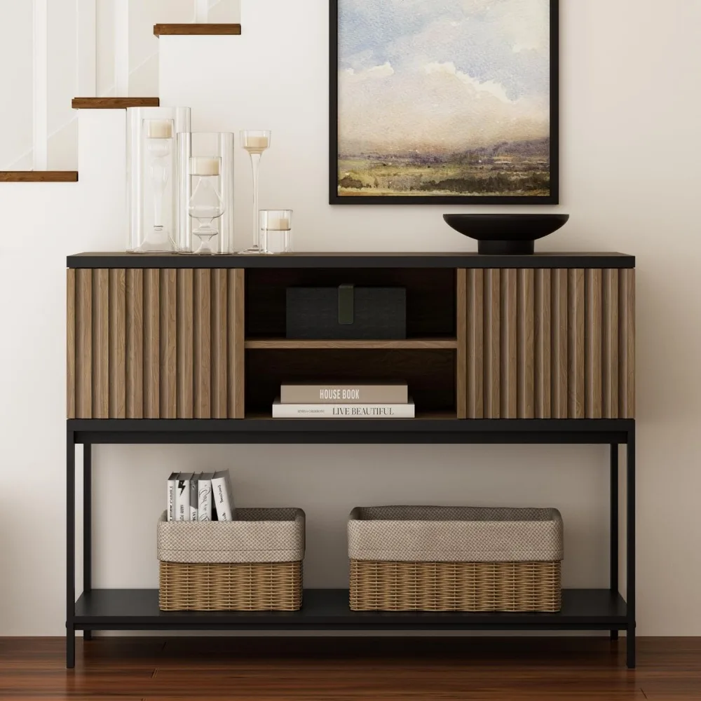 

Fluted Console Table with Storage, Entryway Tables with 2 Door Cabinets and Open Storage Shelf, Long Sofa Table Behind C