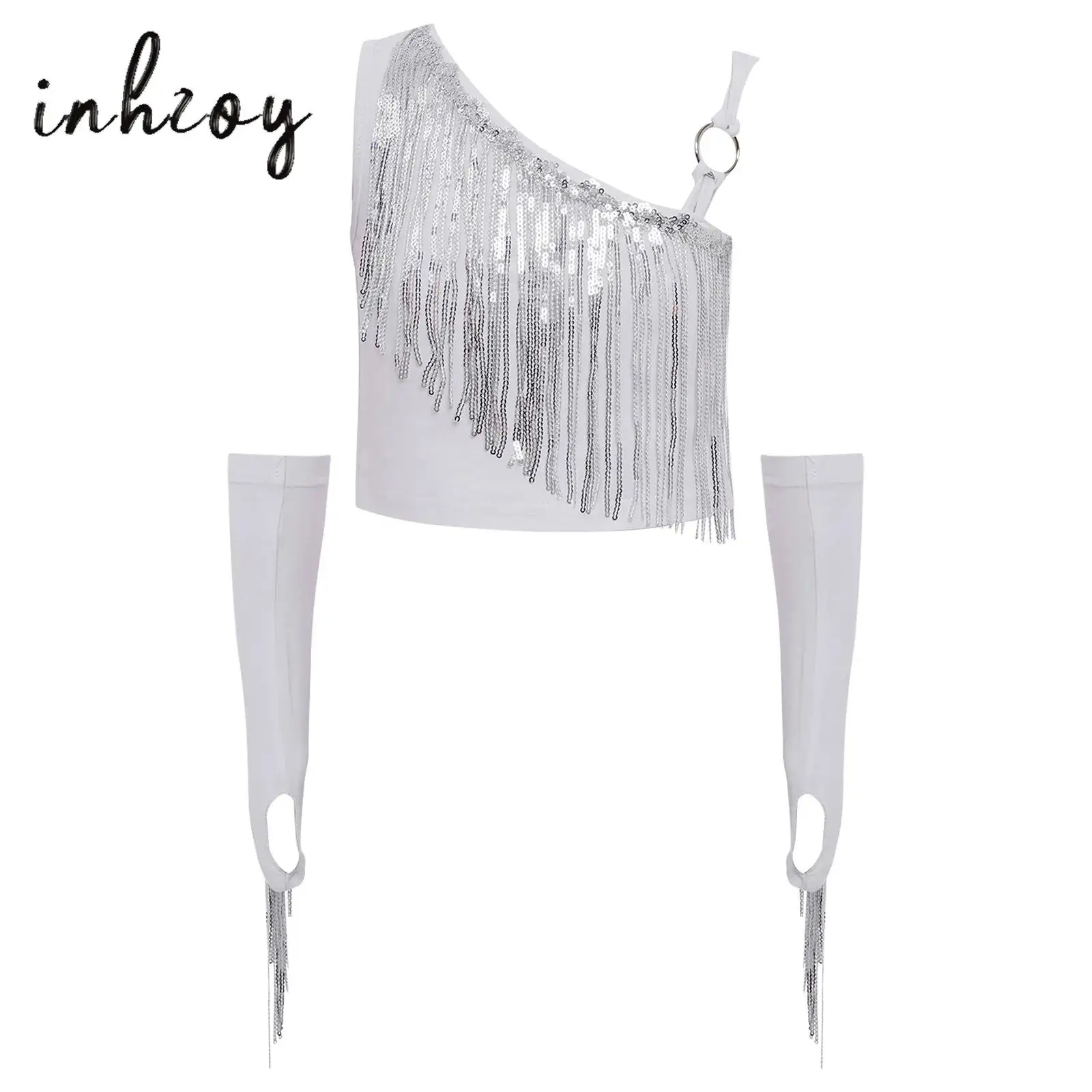 

Kids Girls Latin Jazz Dance Costume Outfits Shiny Sequin Tassels Asymmetrical Crop Top with Fringe Gloves Tango Samba Dance Tops