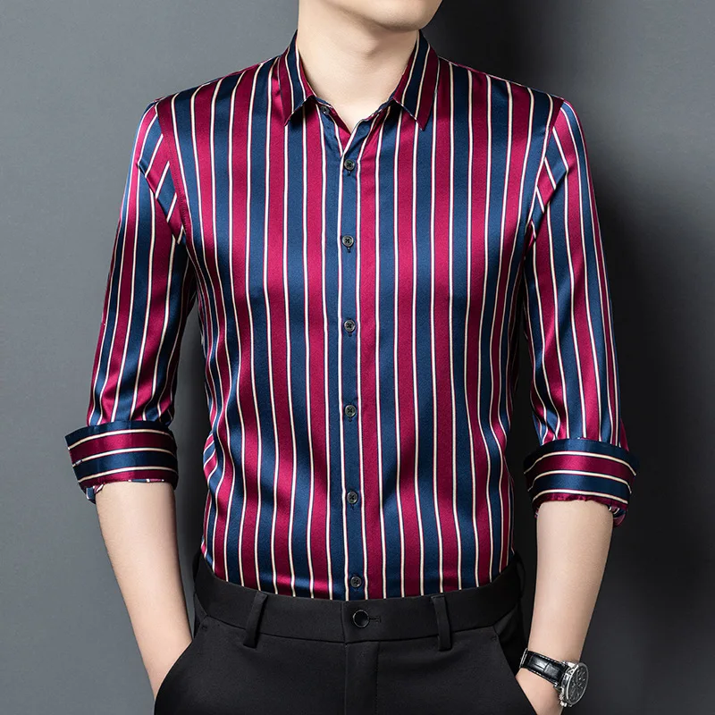 Men Spring Autumn Mulberry Silk Long Sleeve Shirt Male Dad Business Casual Silk Shirt