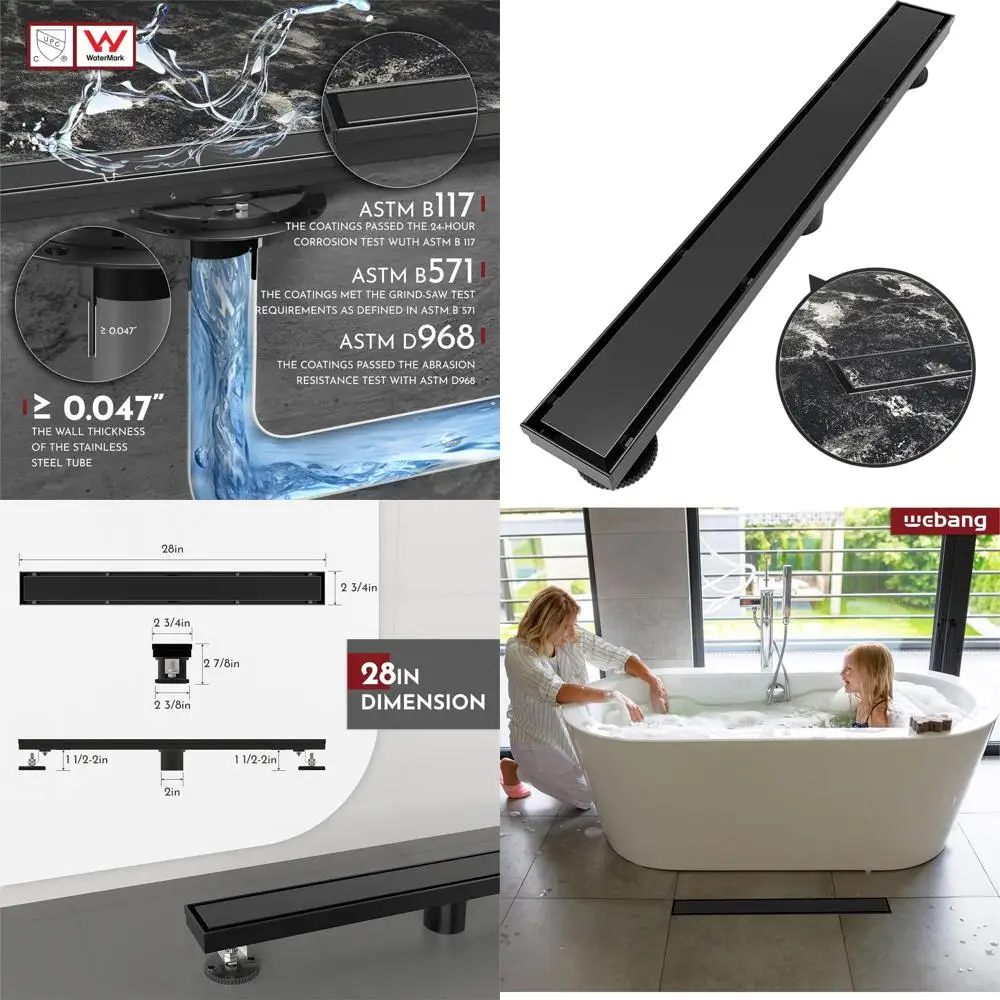 

24 Inch Reversible Shower Drain with Tile Insert and Grate, Matte Black, Stainless Steel, CUPC Certified
