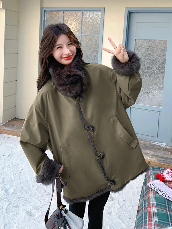 

Thiened Fce Warm Parka Coat Women's Mid-Length Slim Fit Cotton Jaet Double-Sided Wear Large Fur Collar Winter Outerwear