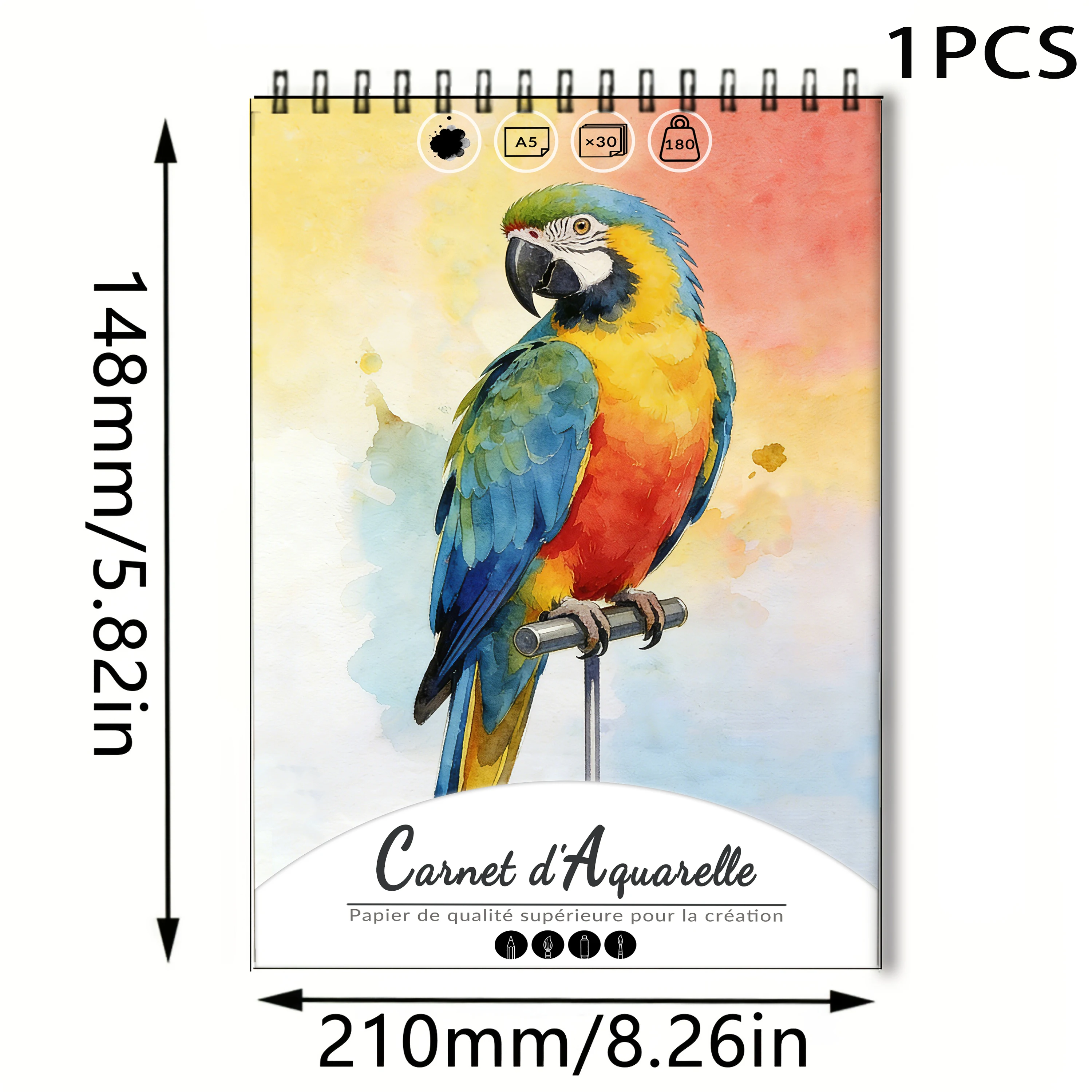 A5 Spiral Bound Watercolor Sketchbook, 180gsm Acid-Free Paper, 30 Sheets, Vibrant Macaw Parrot Watercolor Cover, Ideal for Back