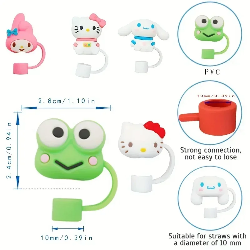 10pcs Funny Sanrio Kuromi Keroppi Melody Cute Straw Cover Cap - Reusable 10mm Straw Protectors for Drinking Cup Straw Cap