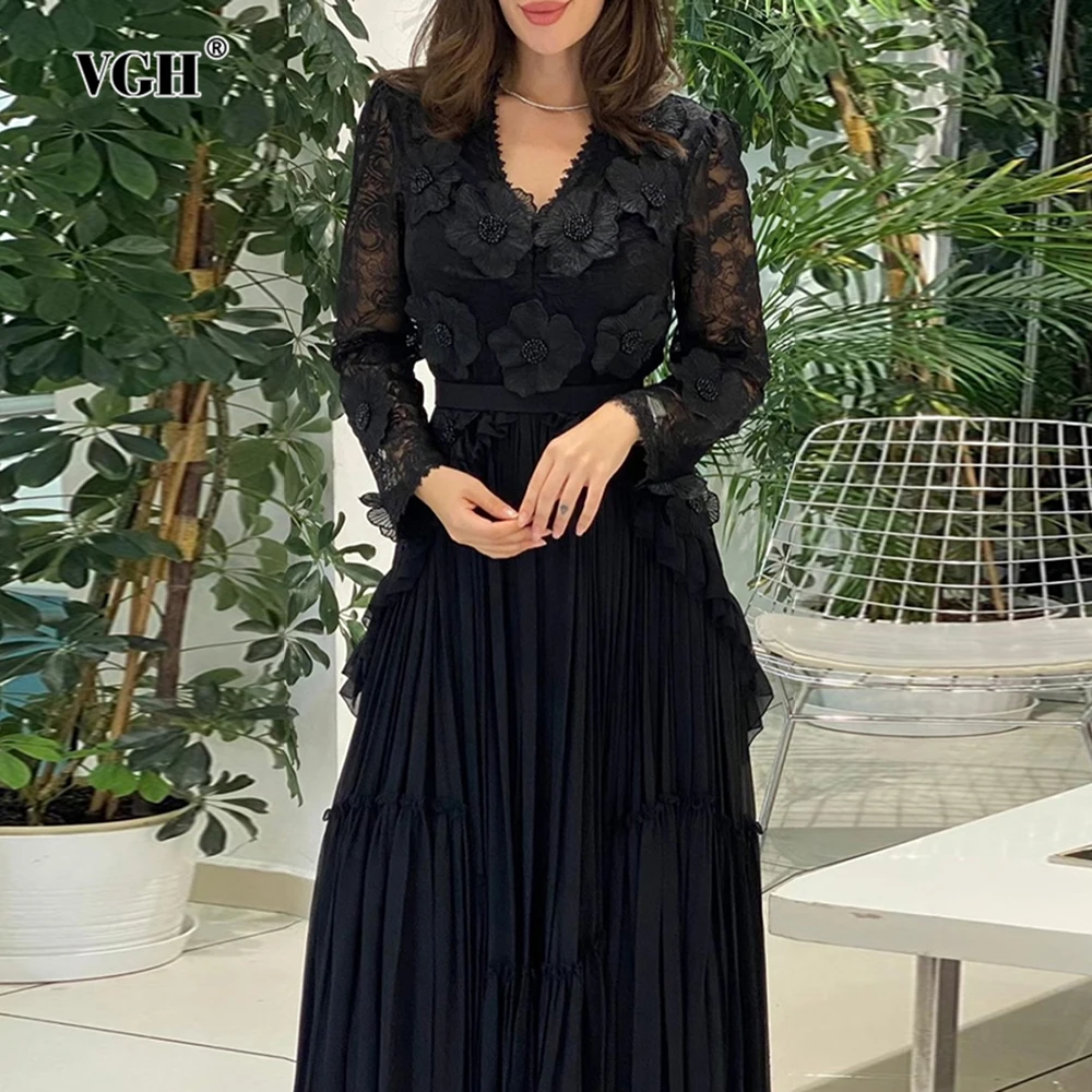 

VGH Однотонное элегантное кружевное платье для женщин с v-образным вырезом и длинным рукавом, высокой талией, в стиле пэчворк, с аппликациями, складками, шикарные длинные платья для женщин