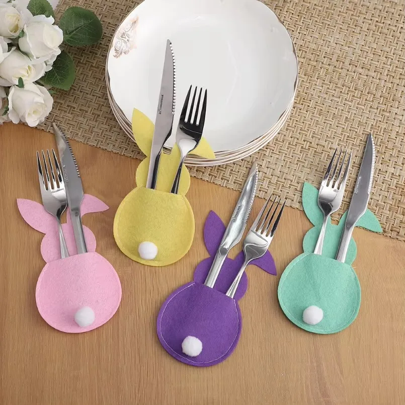 4Pcs Easter Bunny Felt Cutlery Holder Bag Happy Easter Decorations for Home Tableware Accessories Rabbit Cutlery Cover Bag Table - Image 2