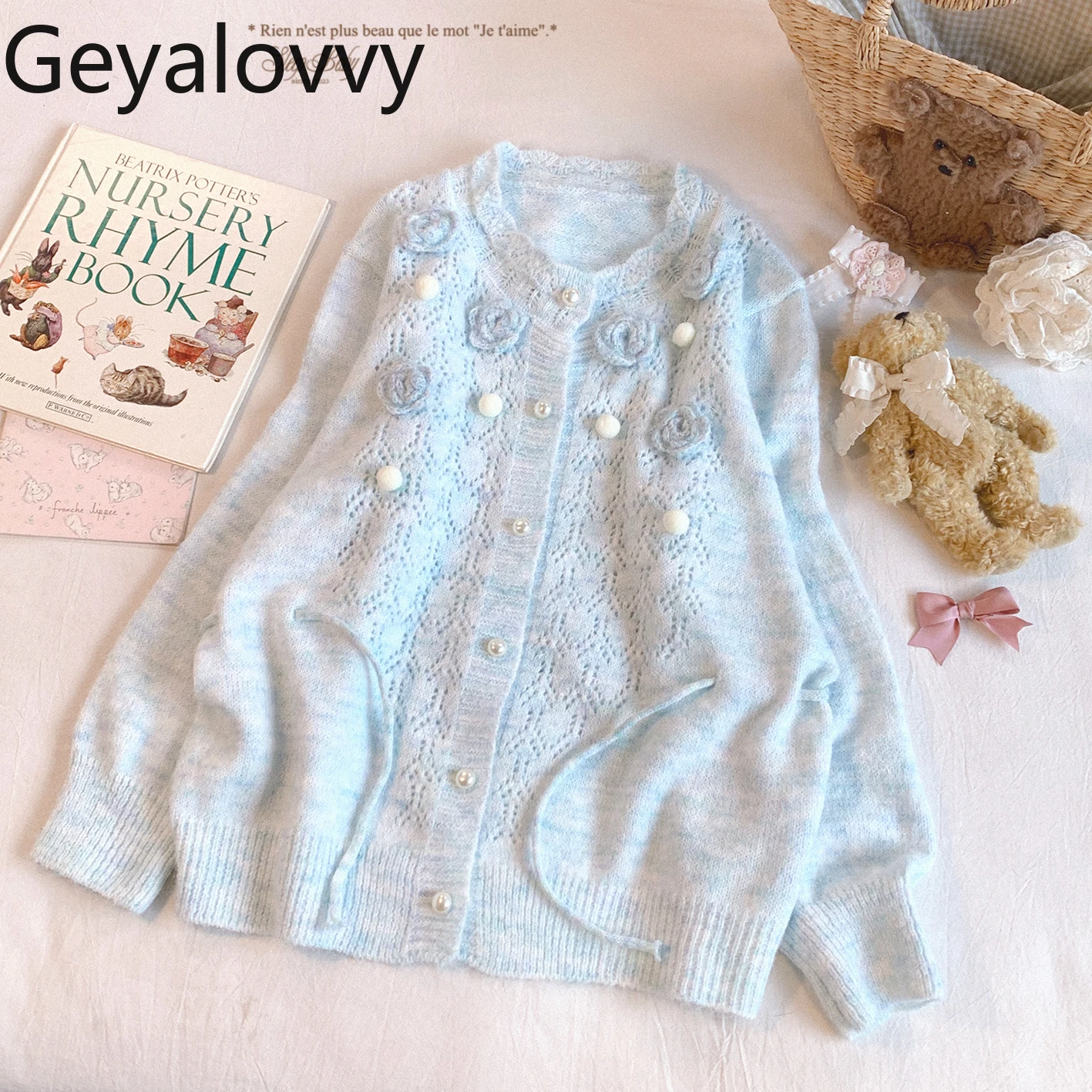 Sweet Cute Retro Style Loose Sweaters Tops for Women Autumn Winter Lace-Up Knitted Cardigan  Casual Crew Neck Knit Sweater