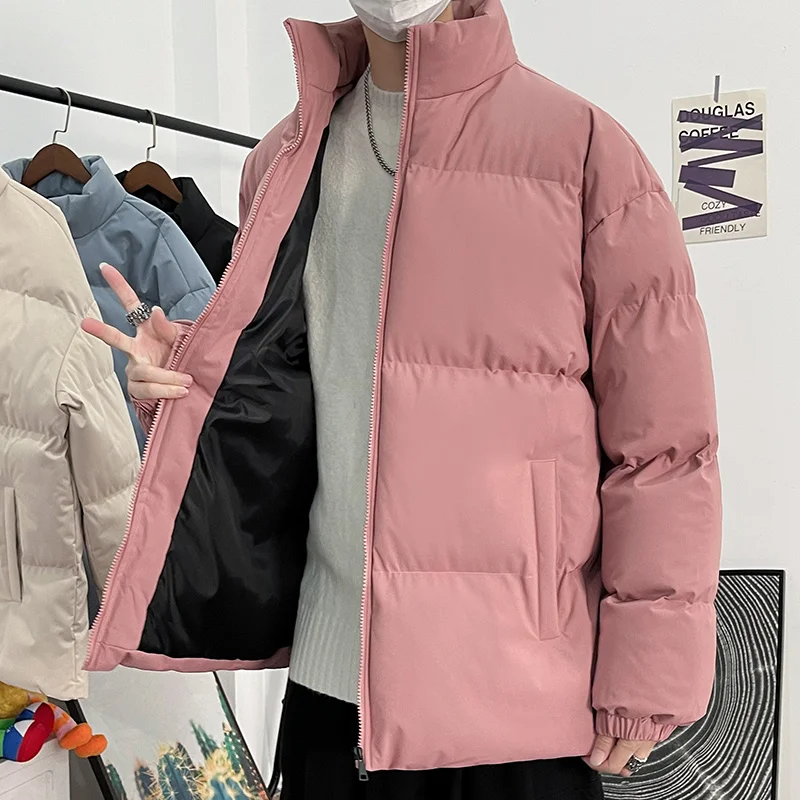 Men Parkas Thick Warm Streetwear Cotton Coat Fashion Winter Jacket s Stand Collar Solid Color Zipper Outwear