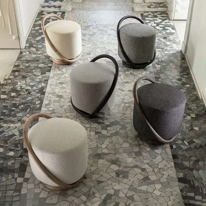Designer Solid Wood Low Stool Simple Modern Living Room Stool Household Luxury Bedroom Makeup Stools Fabric Soft Round Footstool