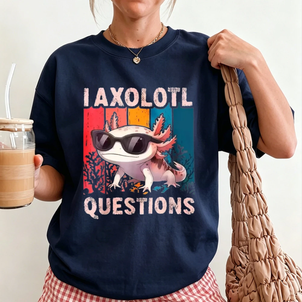 Vintage Retro Striped Background Sunglasses Axolotl I Axolotl Questions T Shirt Distressed Cotton Tee Cool Animal Pun Casual Tee