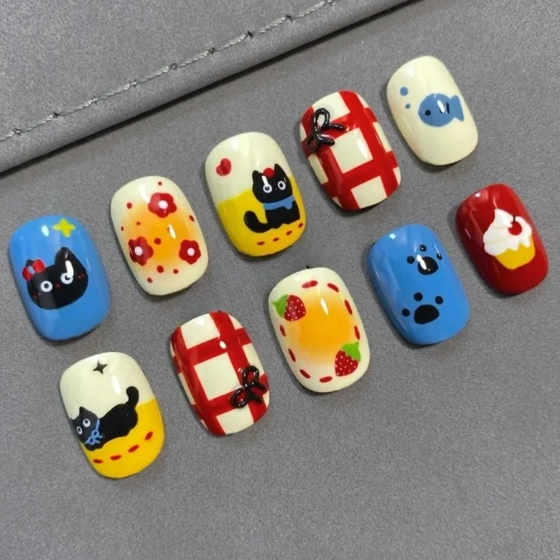 

10 шт., пресс для ногтей ручной работы, летний дофаминовый цвет, нарисованный вручную клубничный узор, накладные ногти, патчи для ногтей с алфавитом