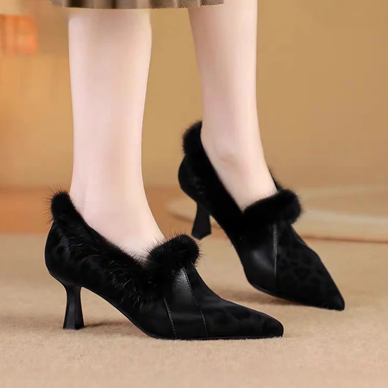 

Fur Women Leopard High Heels Shoes Pointed Toe Boots 2025 Winter Sexy Dress Pumps Short Plush Shoes Chelsea Boots Mujer Zapatos