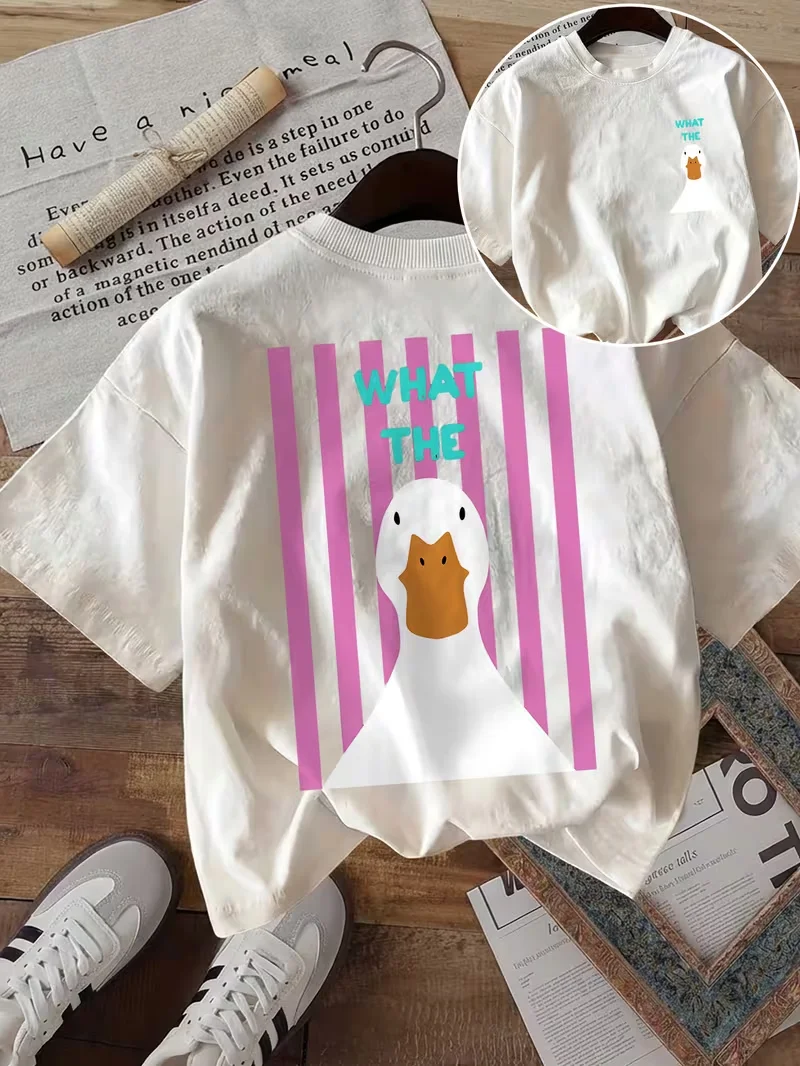 What The Cute Duck Print Women Short Sleeve T-Shirt Crew Neck Cotton Tee Pink Vertical Stripe Graphic for Daily Streetwear