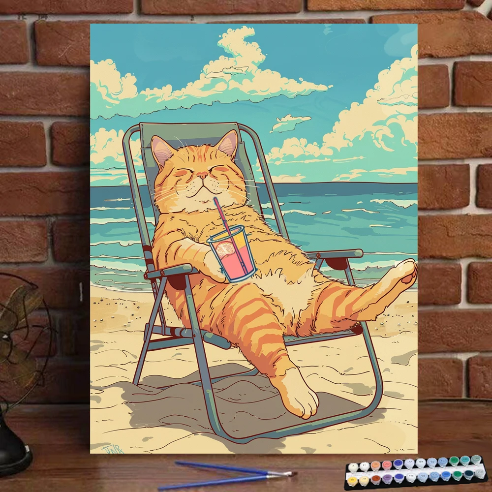 Painting by Numbers Vacation kitten cartoon style Art Culture Digital Painting Handmade Adult Children Gift Wall Decoration Dig