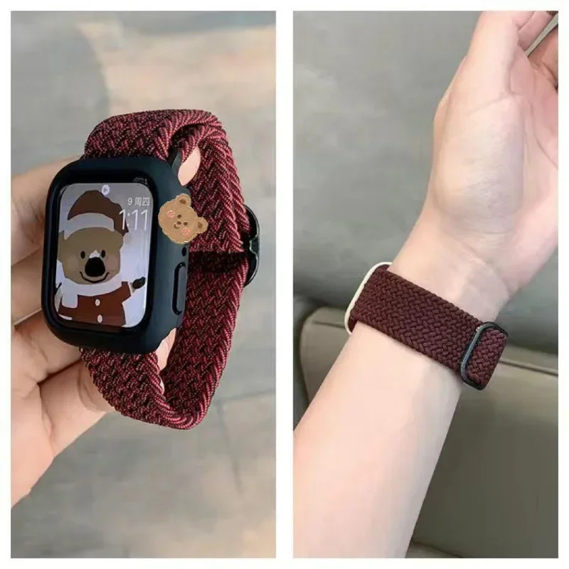 Korean Cute Braied Strap + Case For Apple Watch Band 49mm 41mm 45 44 38 42 Nylon Bracelet For iWatch Series 9 8 7 6 5 4 3 SE 40