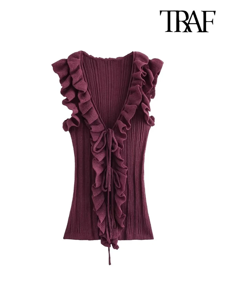 TRAF-Ribbed Knit Sweater with Ruffles for Women, Front Tied, V Neck, Sleeveless, Female Waistcoat, Chic Tops, Fashion