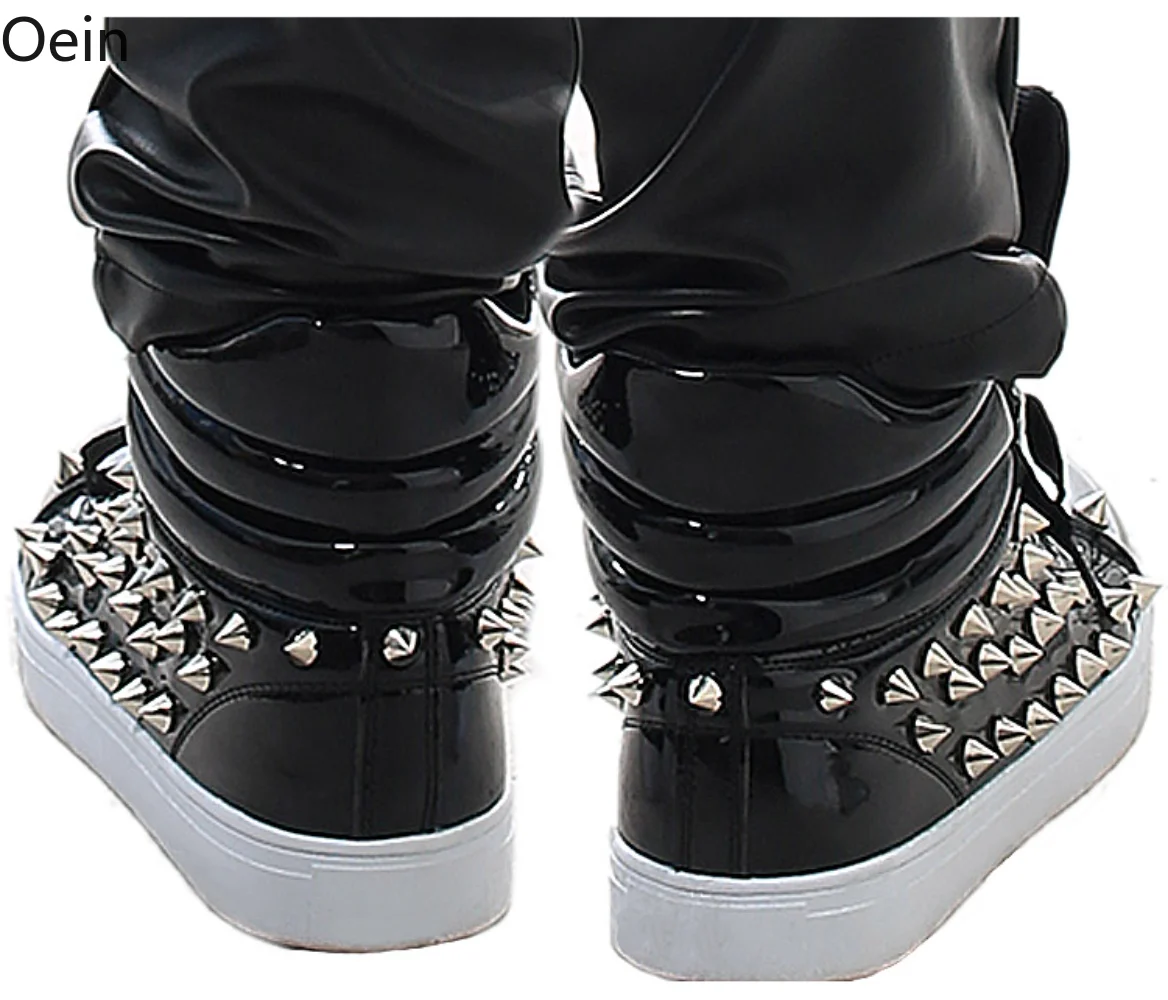 Mens Studed Dance Sneaker Spike Rivet Boot Studs Boys Punk High-Top Shoes Patent Leather Casual Motorcycle Black New 2023