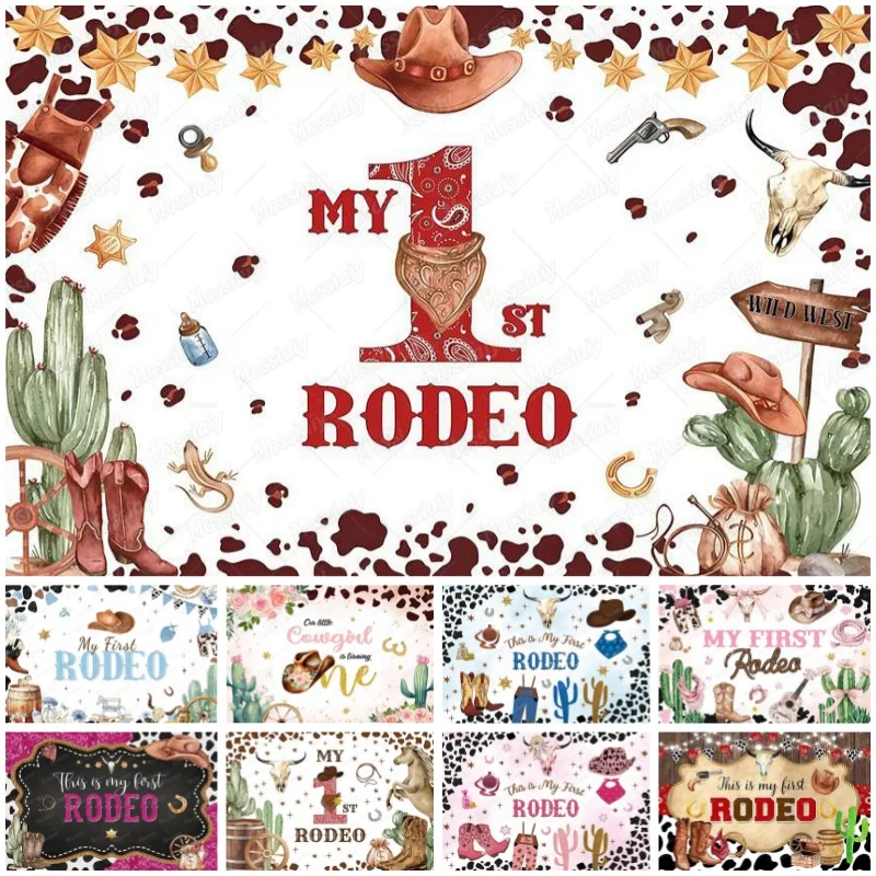 Western Cowboy My First Rodeo 1st Birthday Backdrop Wild West Boot Hat Party Decor Photography Background for Kids Photo Studio