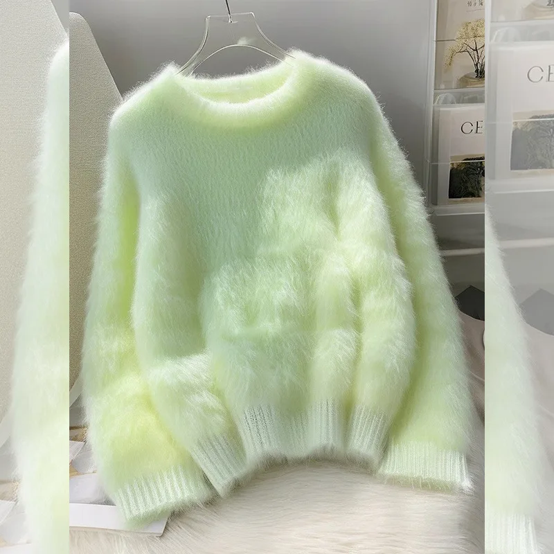 Grüner Plüsch-Strickpullover für Damen, langärmelig, modisch, warm, innen weich, weicher Pullover, Damen-Lazy-Style-Oberteil, Neu 2026 Sommer