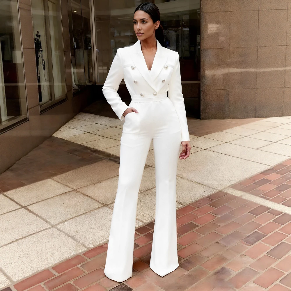 

Autumn Jumpsuit Tailored Fit Collar Button Decor Commute Style Women's Long Pants Suit Green Apple Collar Design