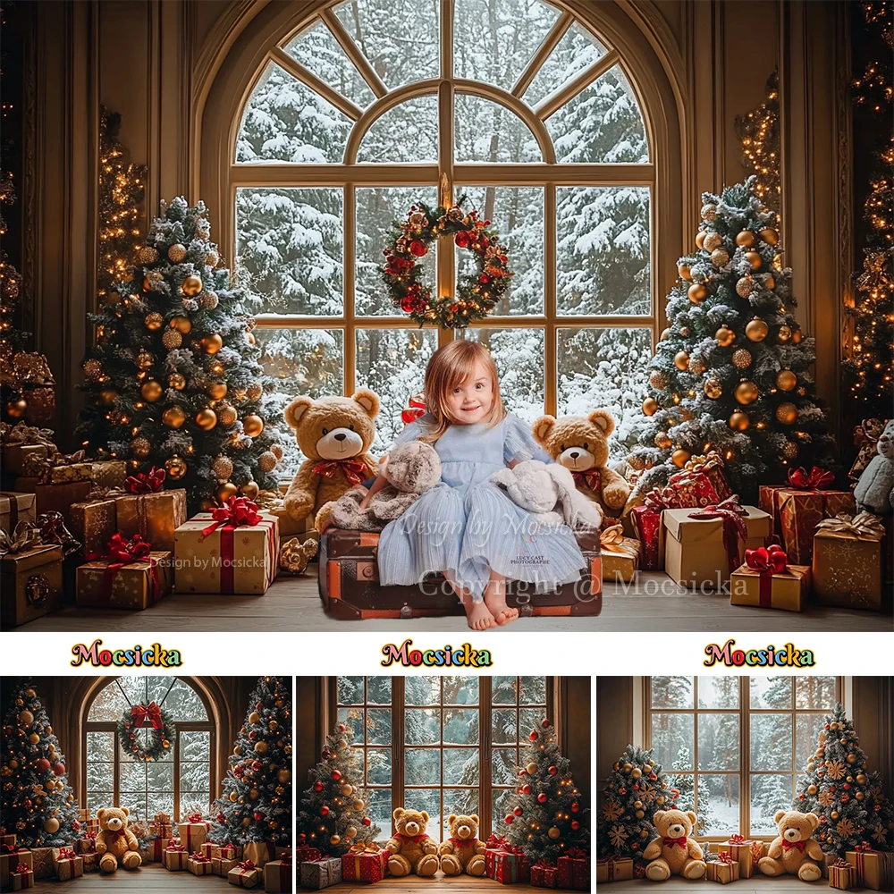 

Christmas Bear Gift Room Backdrop Photography Kids Winter Birthday Party Background Rustic Window Glitter Xmas Tree Wreath Decor