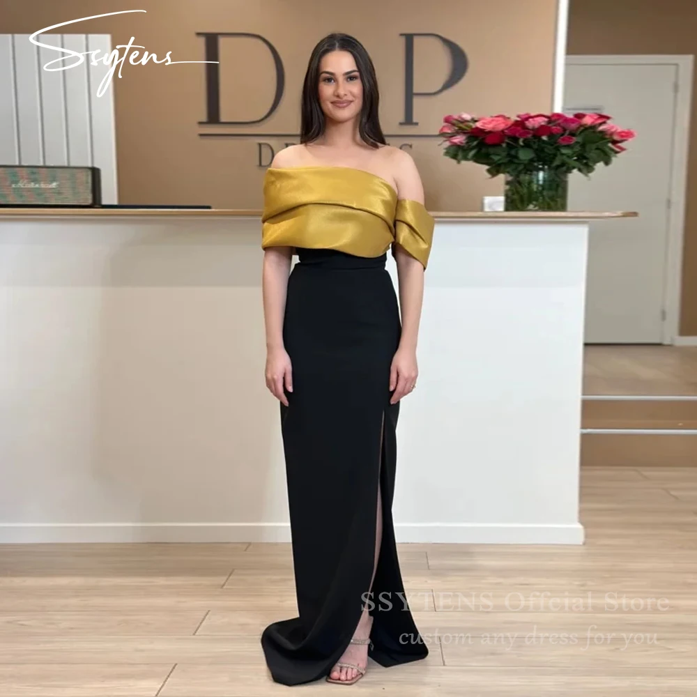 

SSYTENS Elegant Long Satin Mermaid Evening Dresses One Shoulder فساتين سهرة Pleated Golden Black Customized Prom Dress