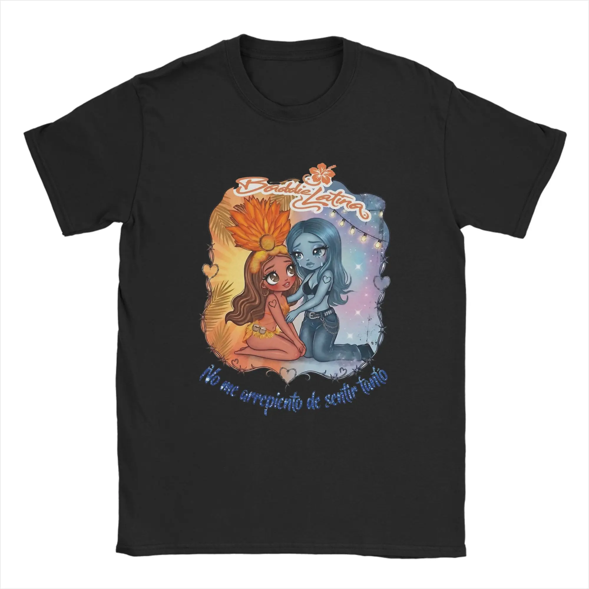 Karol G Two Chibi Girls Blue Skin Crying Girl Barbed Wire Heart Frame T Shirt Man 100% Cotton T Shirts Summer O Neck Tees Tops