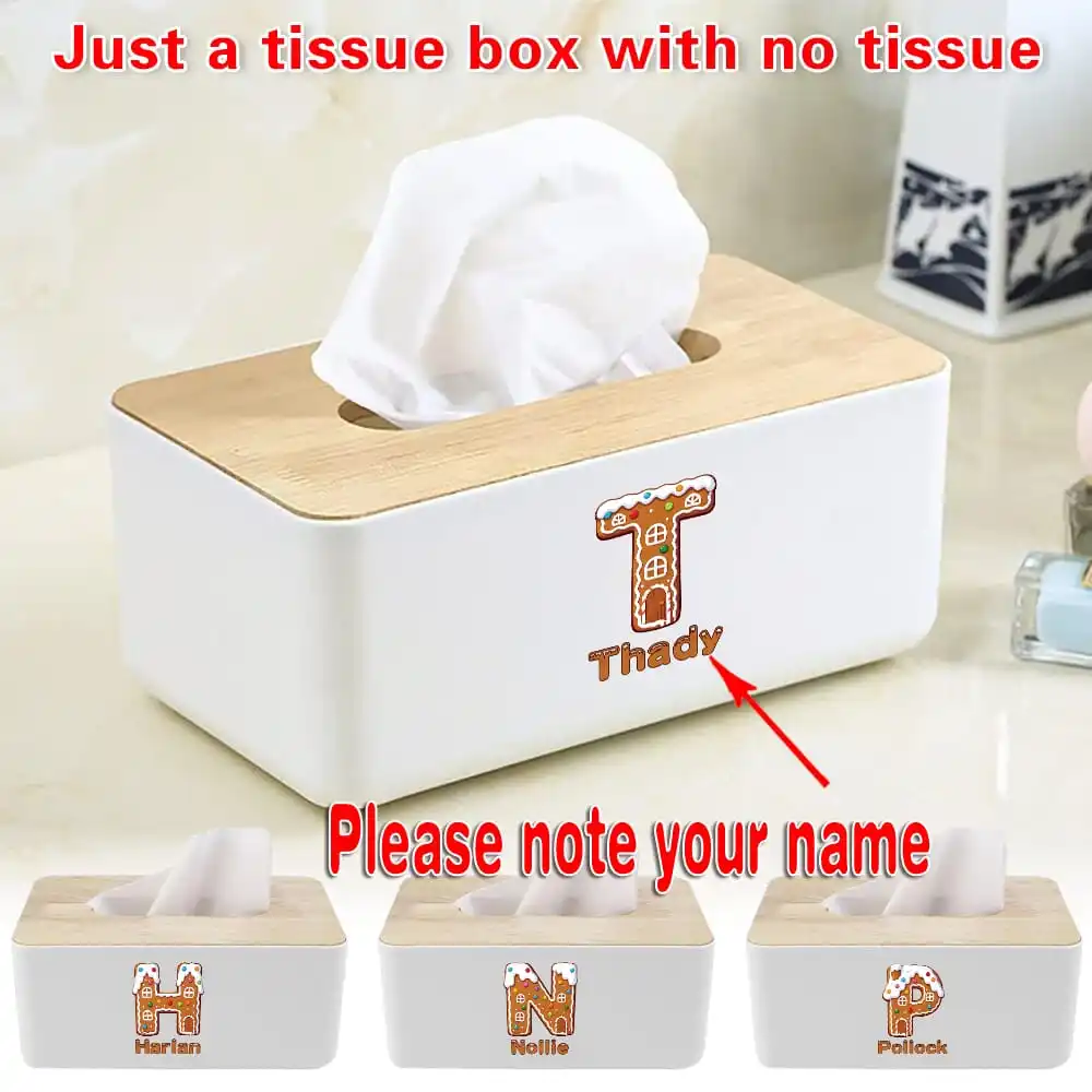 

Customized Name Tissue Box Holder Durable Tabletop Tissue Dispenser Case With Natural Wood Cover Gingerbread Letter Pattern
