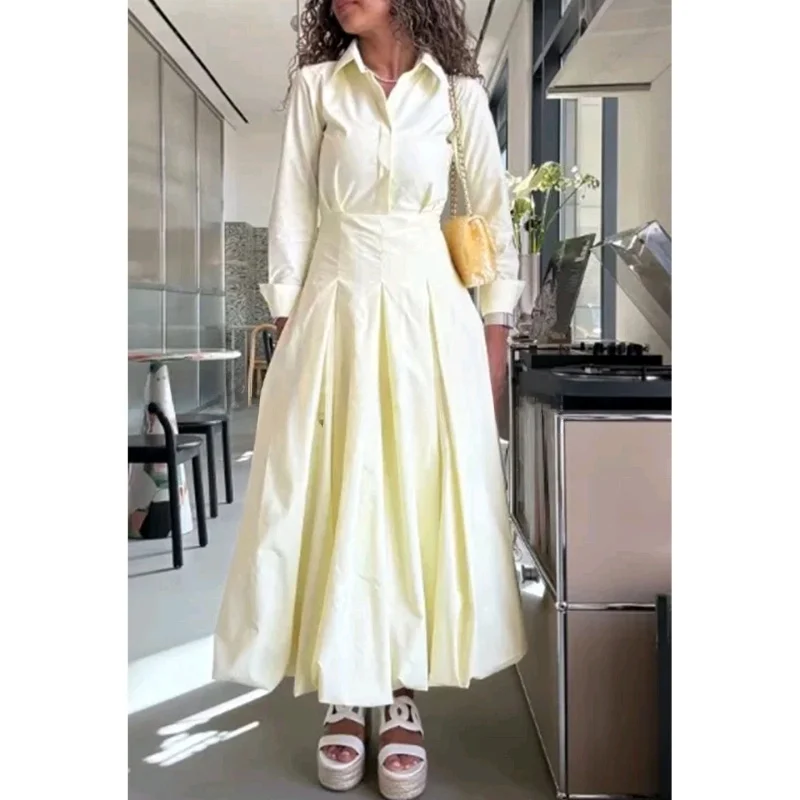 Automne nouveau Sle femmes couleur Pure longue Sve taille plissée en Midi Dr irt Sle trajet vent fibre de Polyester a-ligne S...