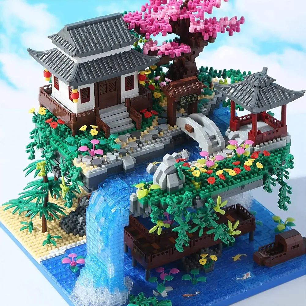 MOC Peach Blossom Pool Cherry Tree House Building Block สถาปัตยกรรมจีน DIY อิฐ Cherry Blossom ของเล่นสําหรับเด็กผู้ใหญ่ของขวัญ
