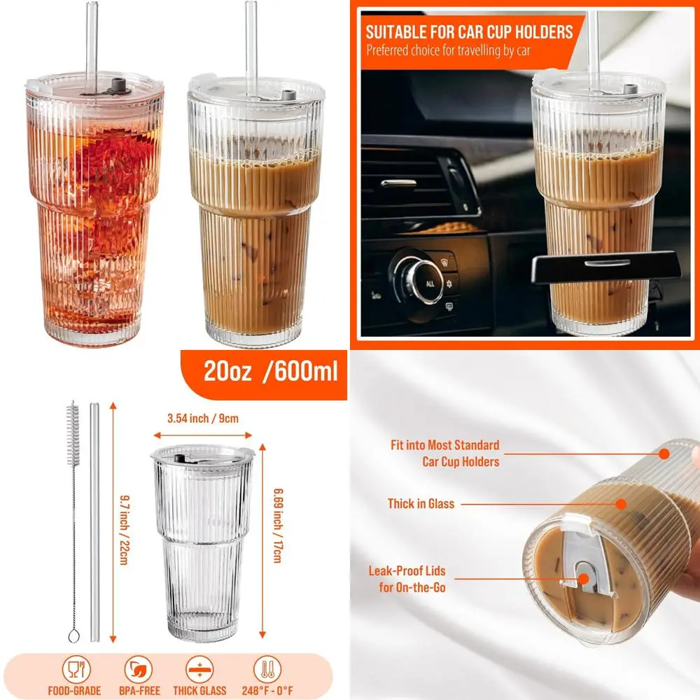 

20oz ribbed glass tumblers with lids & straws, ideal for iced coffee, cocktails & more - includes cleaning brush