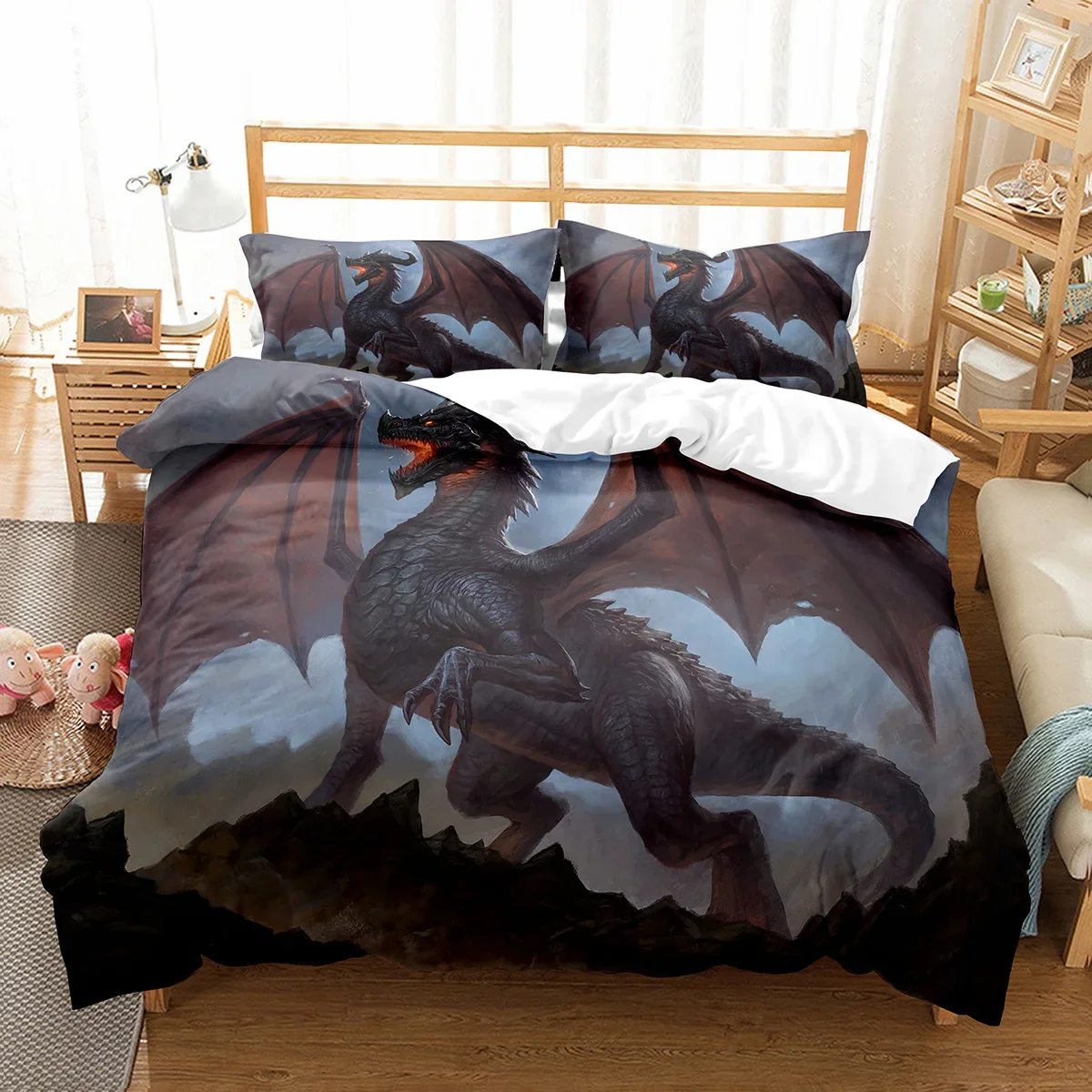 Fly Dragon King Queen Duvet Cover Western Sci-fi Dragon Bedding Set Men Boys Magic Animal Quilt Cover Polyester Comforter Cover