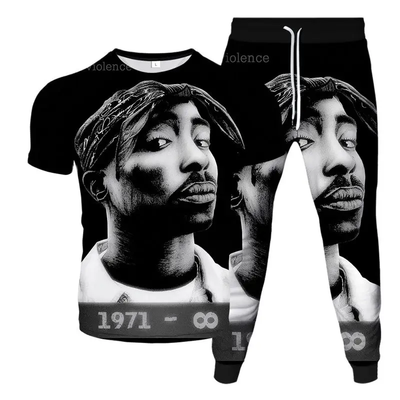 Tupac-chándal con estampado 3D de cantante de Rock para hombre, camiseta y pantalones, conjunto de 2 piezas, ropa de verano, S-6XL de gran tamaño,