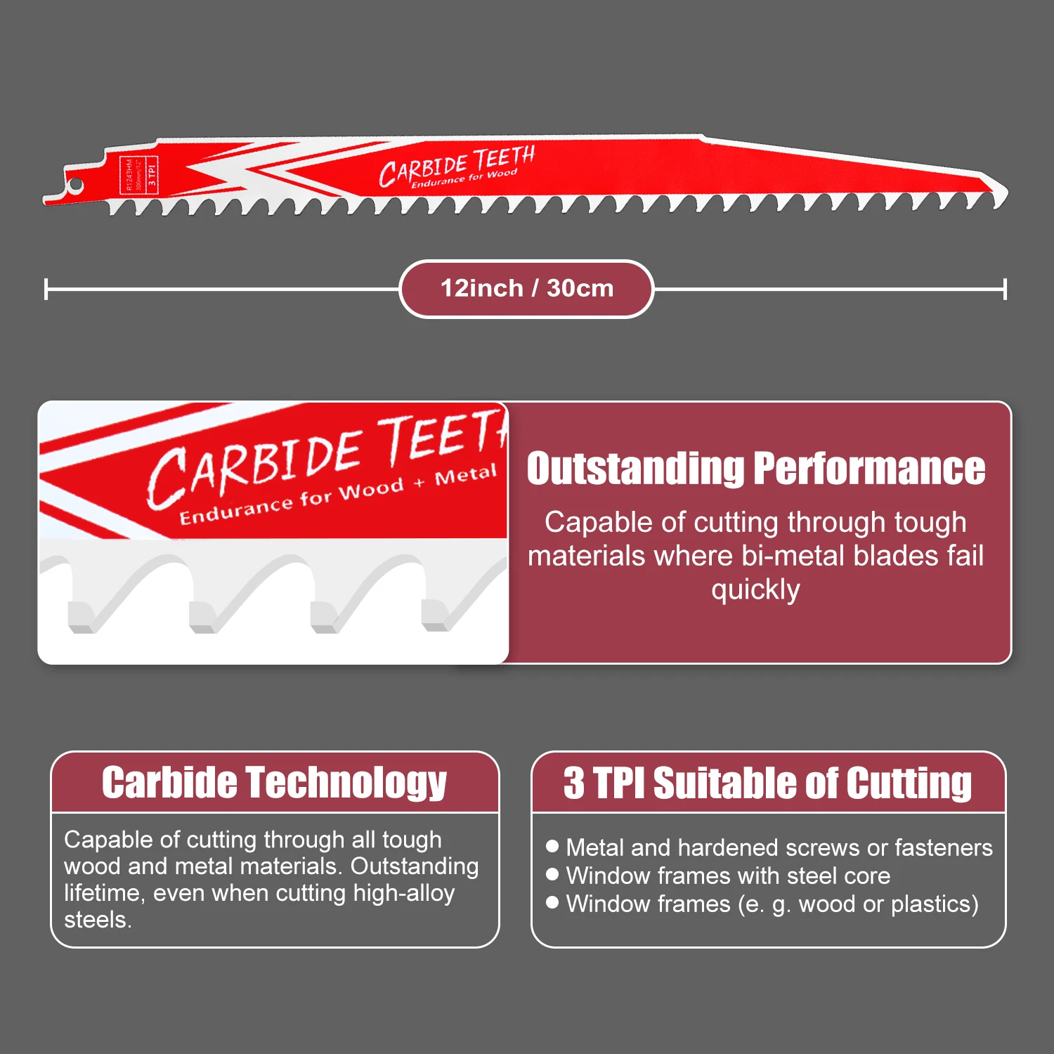 3PCS 12 Inch Carbide Reciprocating Saw Blade 3TPI, R1243HM Endurance for Hard Wood Nail Embedded Wood Demolition Cutter Metal Cutting