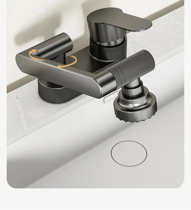 Grifo de baño gris pistola، grifo de agua fría y caliente de doble orifcio، lavabo de dos velocidades، valvula mezcladora girat