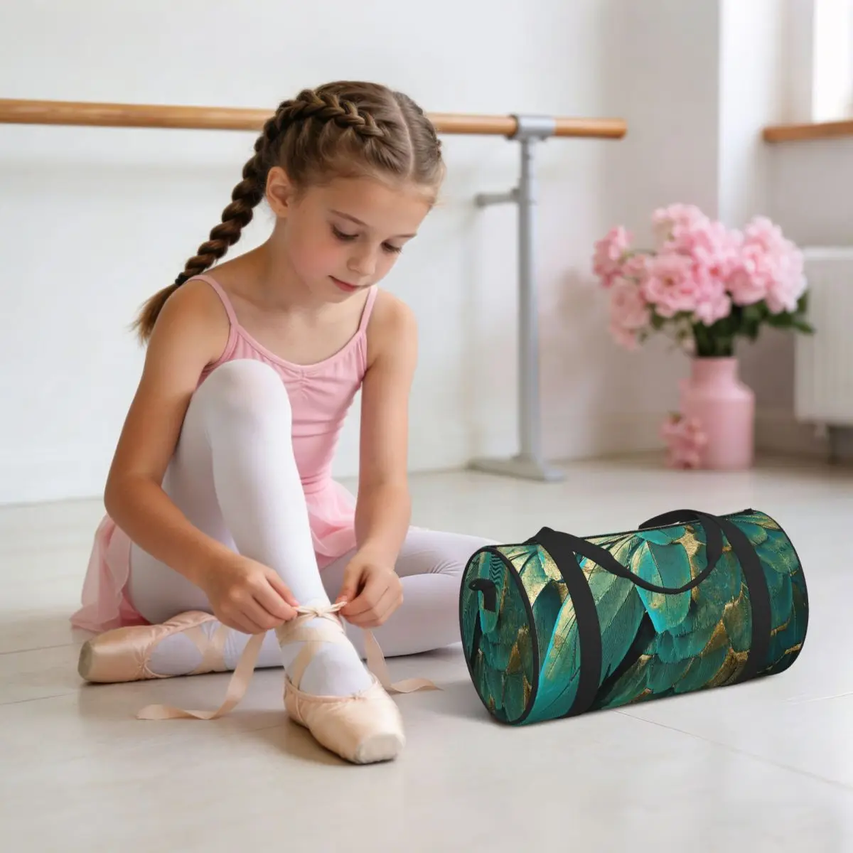 Feather Glitter Teal And Gold Luggage Bag Large Capacity Duffle Tote Bag Handbags Gym Bags Fitness Bag for Boys Girls