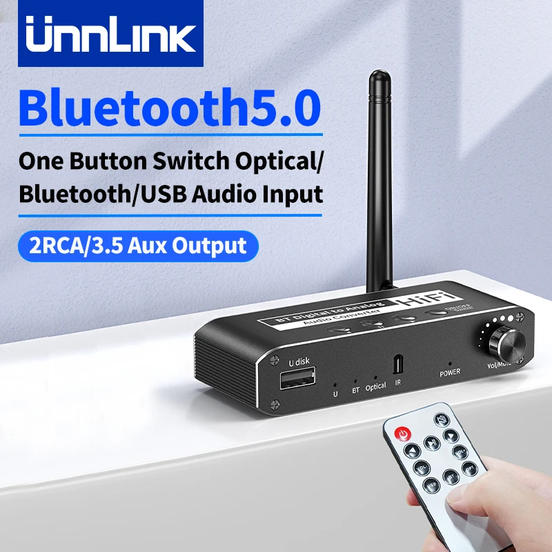 Unnlink Digital to Analog Audio Converter DAC Bluetooth Receiver Volume Control BT 5.0 Optical USB to 2 RCA 3.5mm Aux Decoder