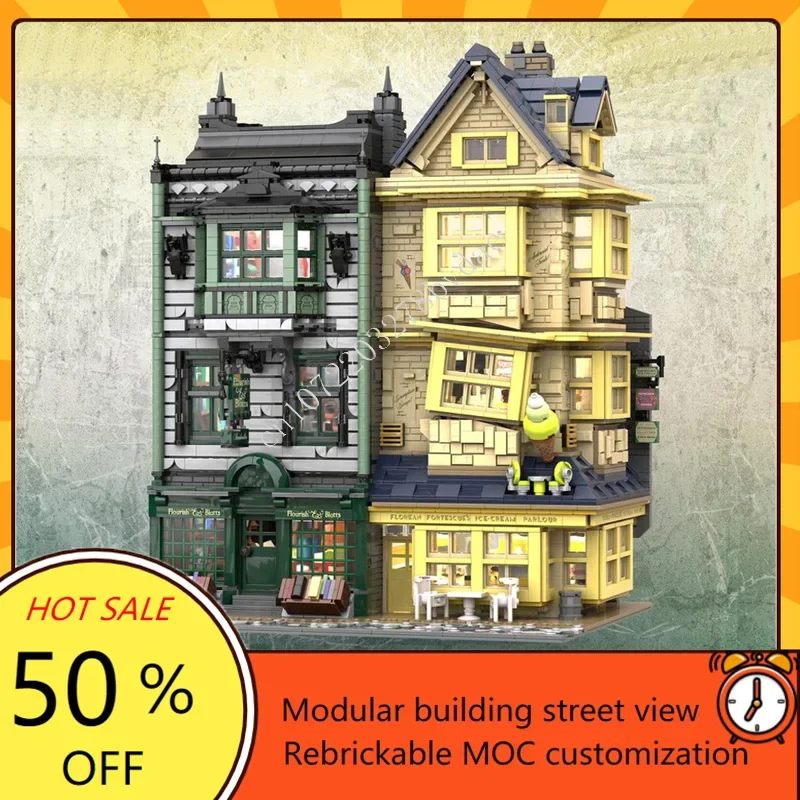 6438PCS Flourish+Blotts & Fortescue's Ice Cream Parlour Modular MOC Creative street view Model Custom Puzzle DIY Model kid Gifts