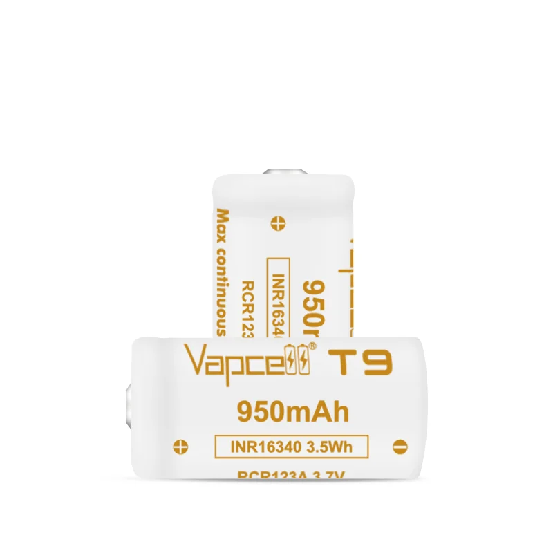 1-20 pz originale vapcell 16340 T9 950 mah 3A batteria INR16340 3.7 V pulsante al litio batteria superiore ricaricabile per torcia elettrica