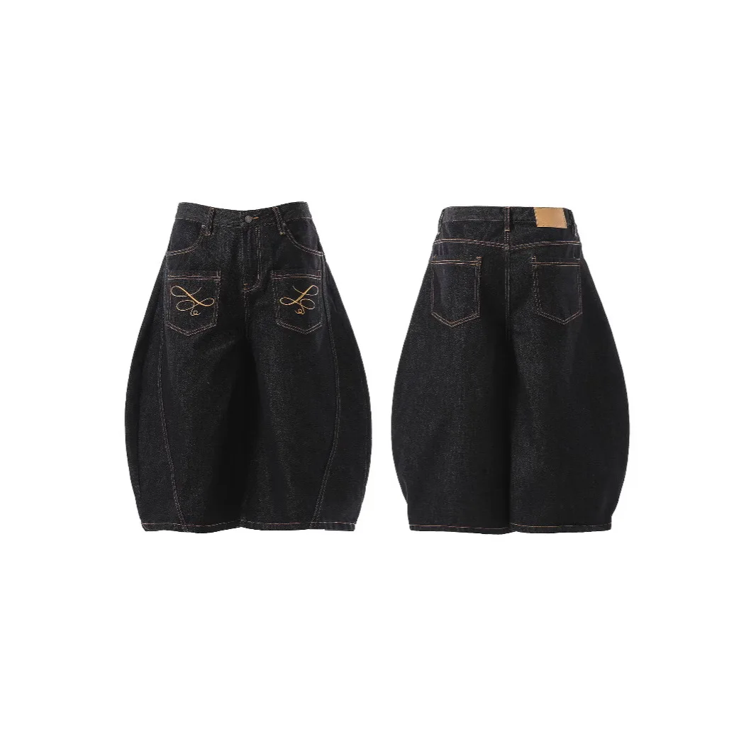 Zomermode Vintage zwarte binnenuit Wear Pocket Machete Cropped Jeans High Street Amerikaanse shorts met wijde pijpen