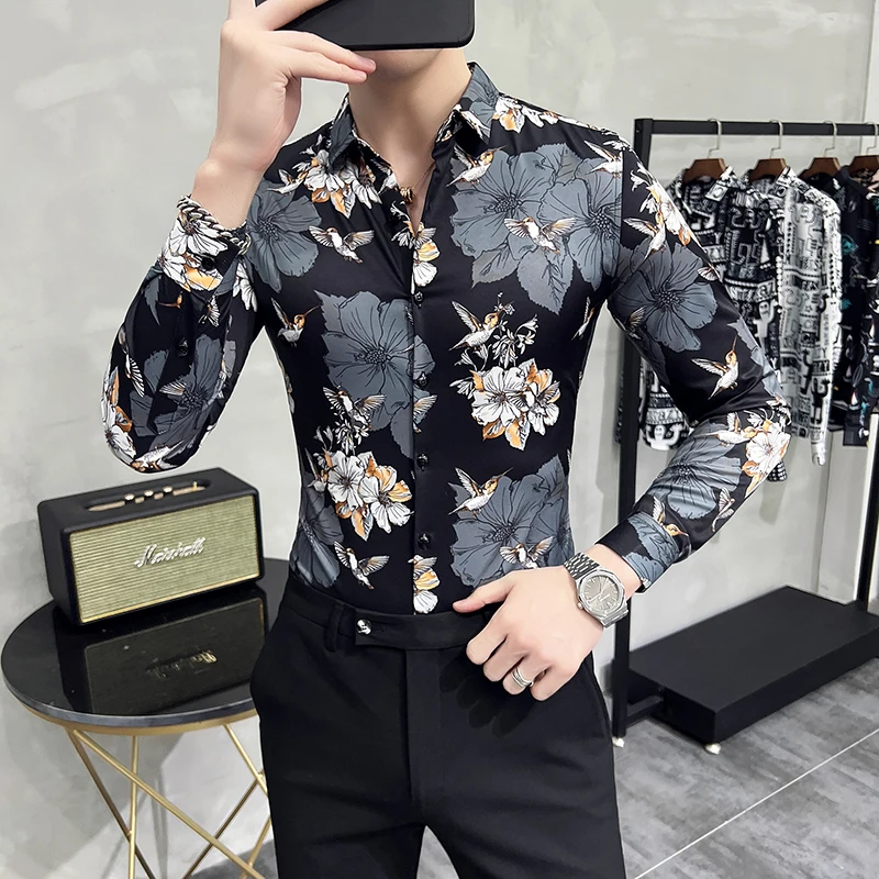 6XL Long-sleeved Floral Shirt For Men Streetwear Fashion Korean Style Button Down Shirts Tops Party Prom Slim Fit Chemise Homme