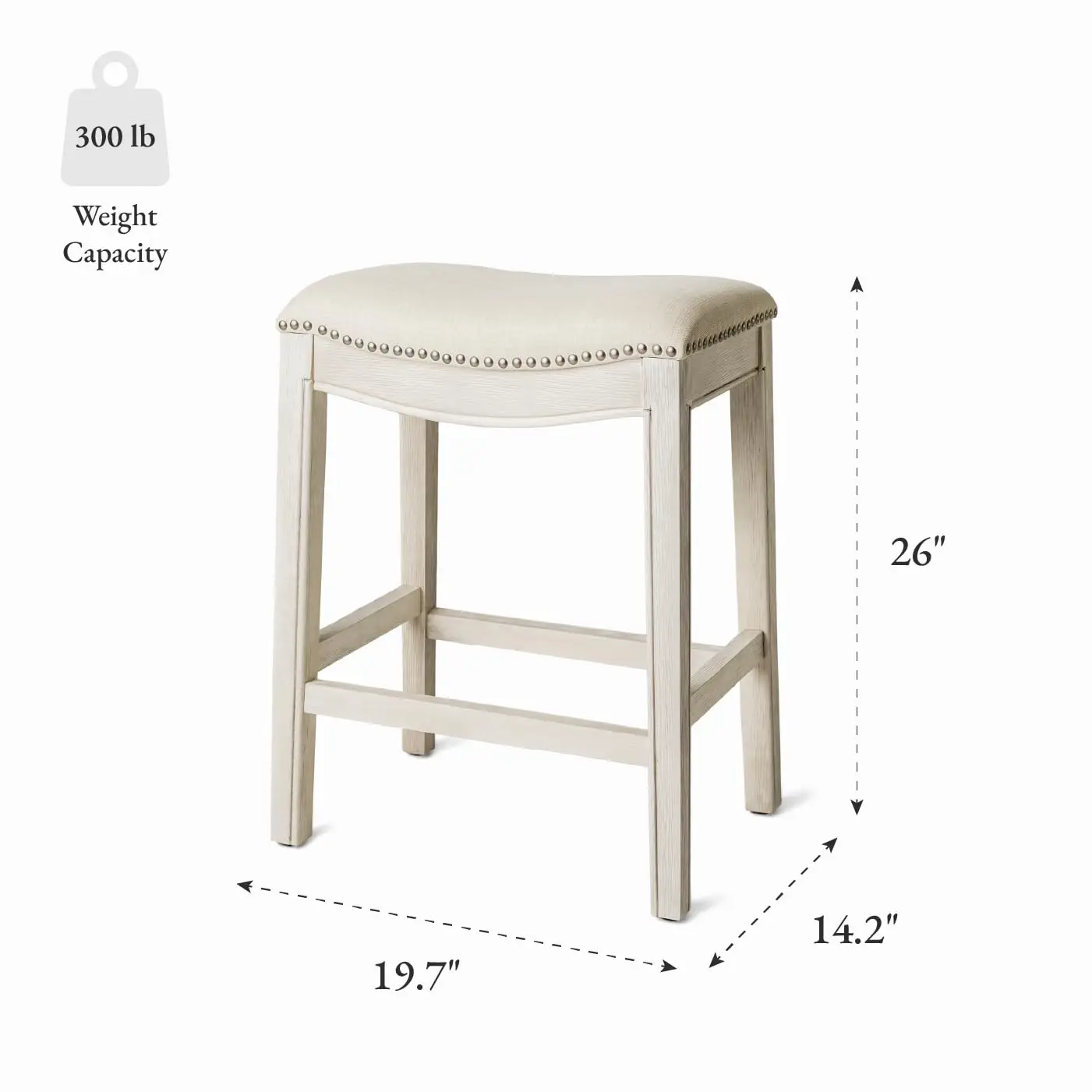 Backless Counter Stool – 26 Inches – Saddle Stool With Footrest – Cream Solid Wood Frame & Natural Fabric Upholstery