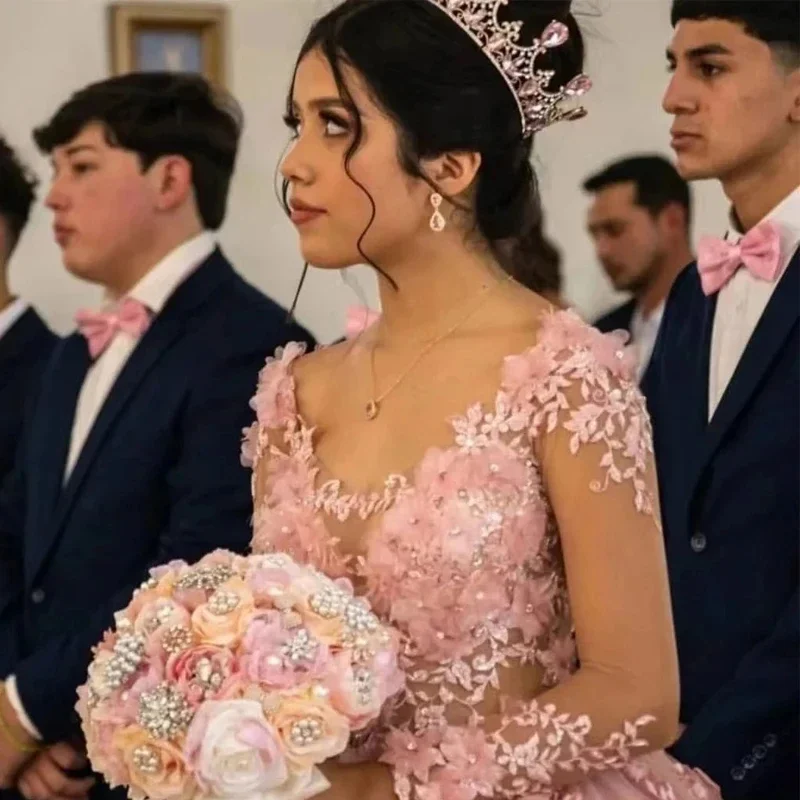 Vestido de baile rosa de mangas compridas, vestidos Quinceanera, apliques de renda, baile formal, 15 anos de aniversário