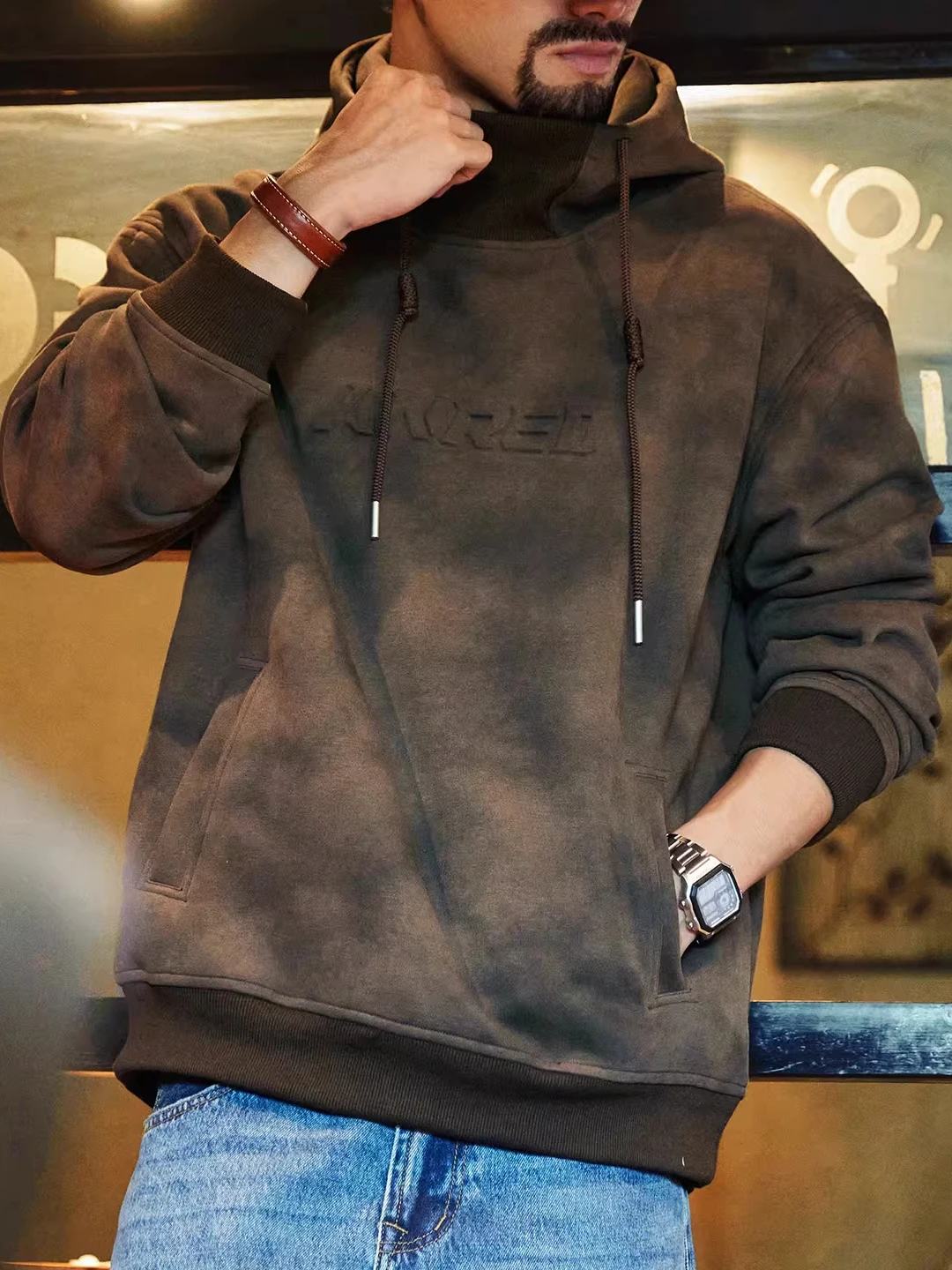 

Мужская толстовка большого размера с высоким воротником, с восковым принтом и стальным тиснением, весна-осень, винтажный стиль, повседневная, свободного кроя