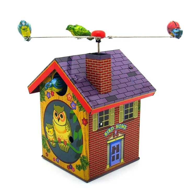 Adult Collection Retro Wind up toy Metal Tin rotating bird alarm clock bird house Clockwork toy model figures gift vintage toys