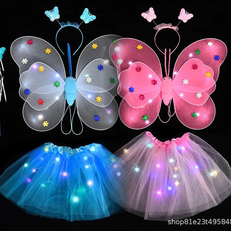 LED Children Costume Props Girls Skirts Angel Luminous Wings Flashing Butterfly Skirt Lights Suit 2-8year Easter Valentines Day